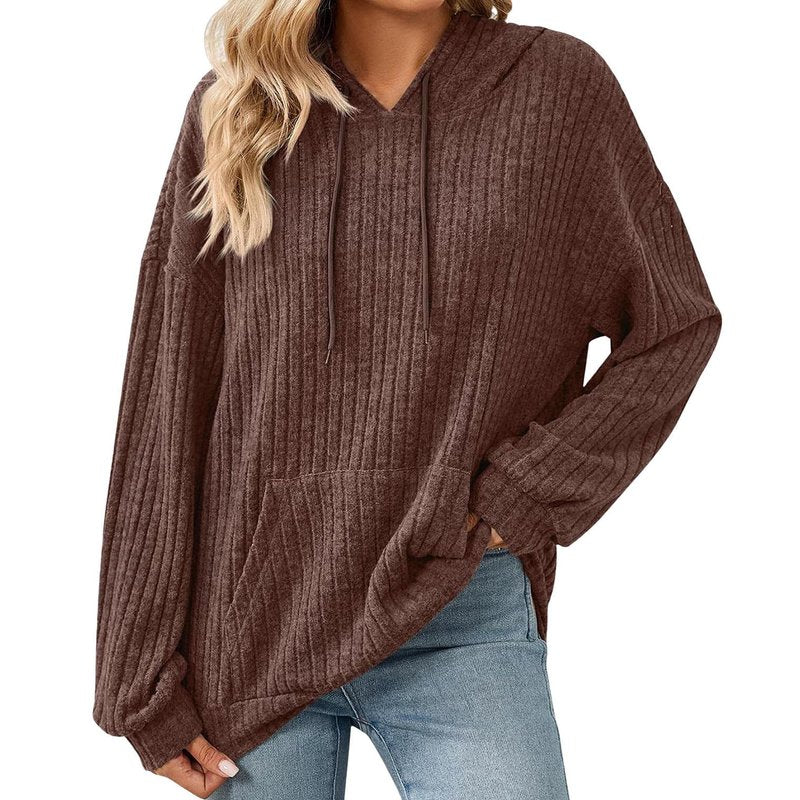 Cobiako Womens Hooded Sweater Drawstring Ribbed Knit Casual Loose Sweaters with Pockets Fall Fashion Pullover Sweatshirt,2-Dark Brown,Size XL