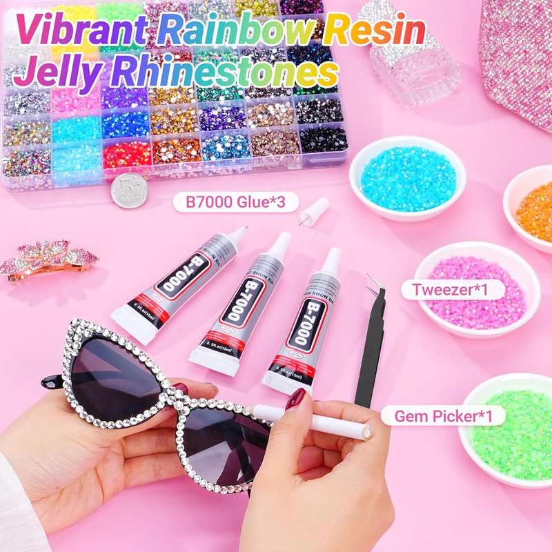 Jelly Rhinestones by 46000Pcs - 42 Colors of 3mm Multicolor Flatback Gems | Crystal Bedazzler Kit with B7000 Glue for Clothing, Shoes, Jewelry, and Nail Art