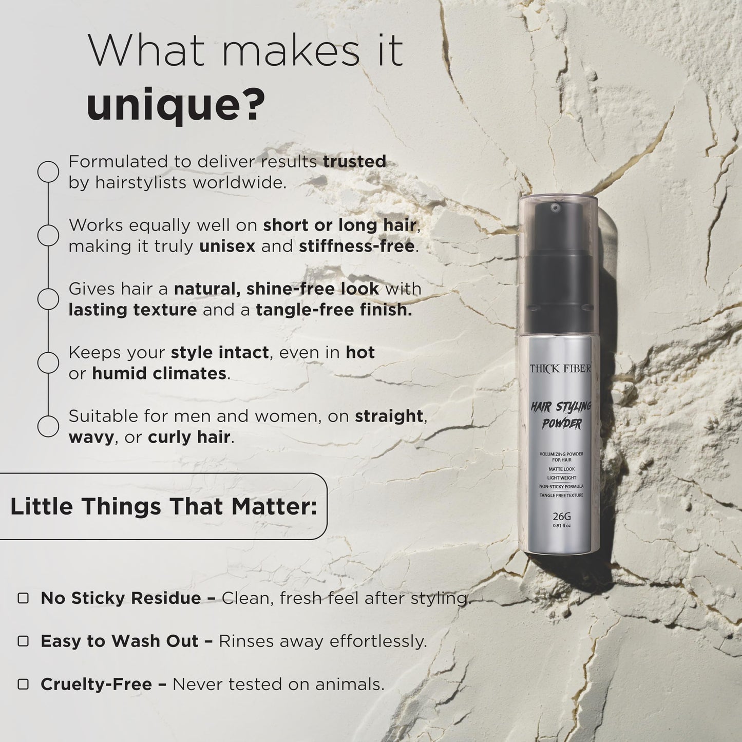 Thick Fiber Hair Styling Powder – Tangle-Free, Non-Sticky, No White Residue – Infused Clay-Based Powder for Volumizing & Texturizing – Matte Finish for Women and Men – Medium Hold – 26g