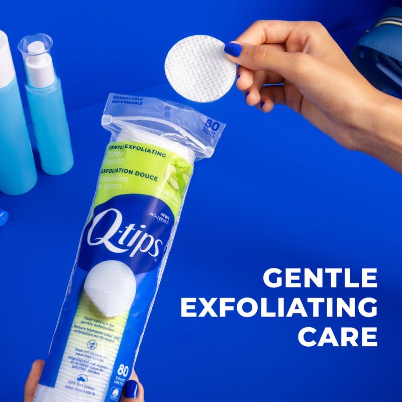 Q-Tips Gentle Exfoliating Cotton Rounds for Face, 100% Cotton, Dual Textured Lint Free Makeup Remover Pads, Cleansing Face Pads for Toner, Nail Polish Remover, Skin Care - 80 Count Per Pack, 6 Pack
