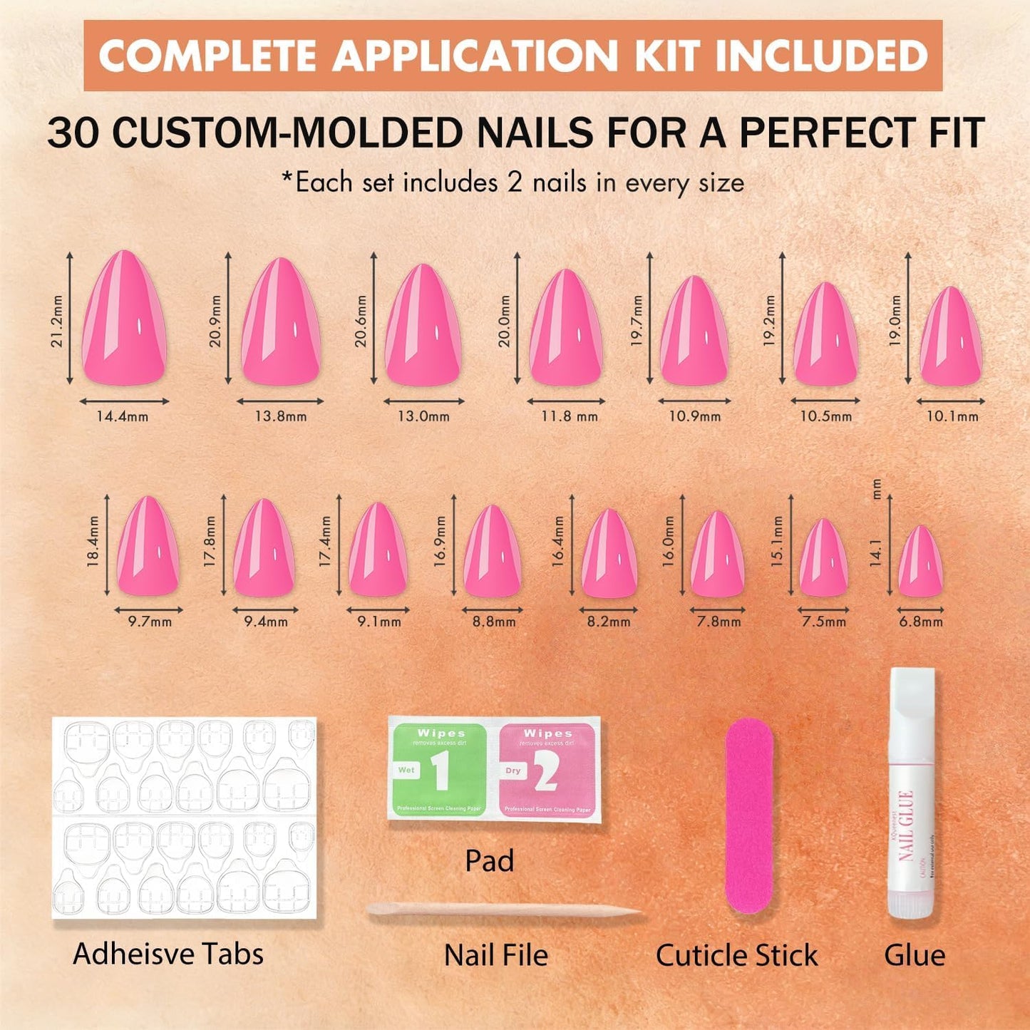 SXVME Press-On Nails - Chrome Ombre Hot Pink Short Almond Design | 30 Pcs Glazed Glitter Stiletto Set