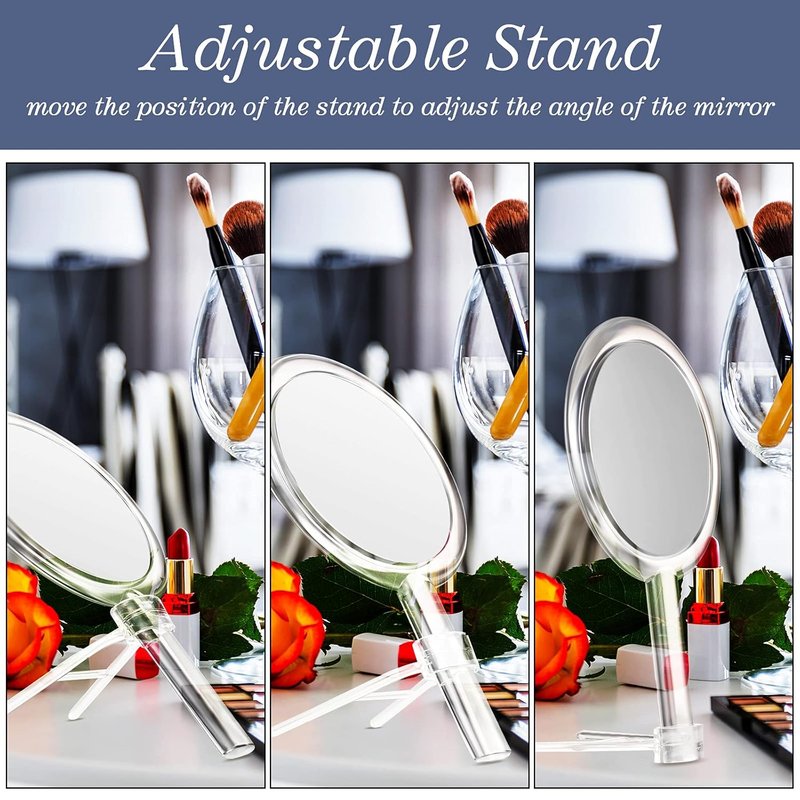 Queekay Double-Sided Handheld Mirror - 1X/10X Magnification, Adjustable Stand, Round Shape, 25.8 x 15 cm