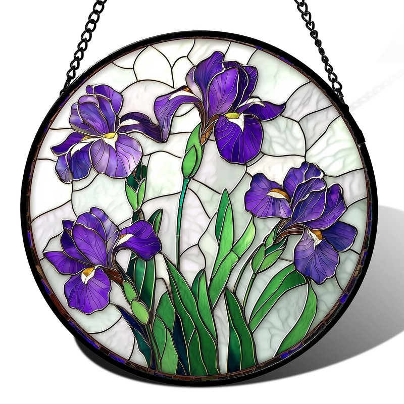 JOSUMALY Stained Glass Window Hanging - Purple Iris Flower Sun Catcher for Door Terrace Garden Home Decor, Green Plants Suncatcher Birthday Gifts for Lovers Women Men Dad Mom Nana 7.8 in