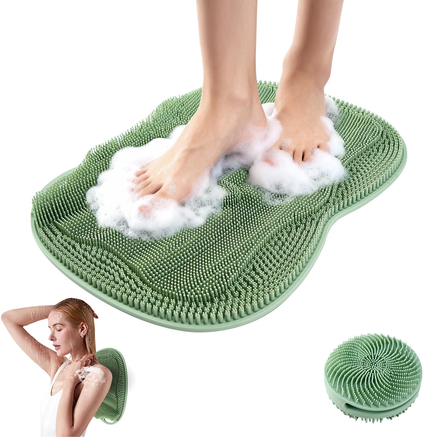 EaTubano Bath Shower Foot Scrubber Mat - Silicone Shower Foot Scrubber Mat (XL) Cleaner Foot Toes Clean Pad Without Bending Non-Slip Suction Cups Bathroom mat 17.2 * 13 inch - Green