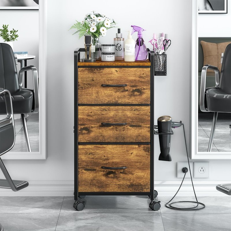 Salon Station for Hair Stylist, Rolling Salon Trolley Cart with Wheels, Beauty Barber Station with Metal Tool Holder & 3 Fabric Drawer, Mobile Storage Cabinet for Barbershop, Spa&Tattoo, Rustic Brown
