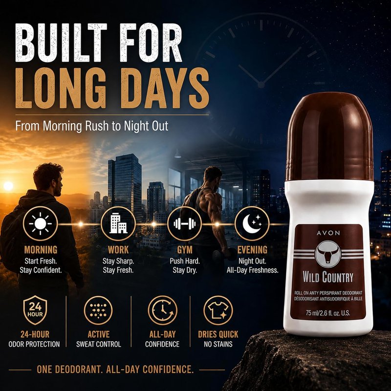 AVON Wild Country Roll-On Antiperspirant Deodorant for Men - 24-Hour Odor Protection, Quick-Dry Formula | Pack of 4, 2.6 oz