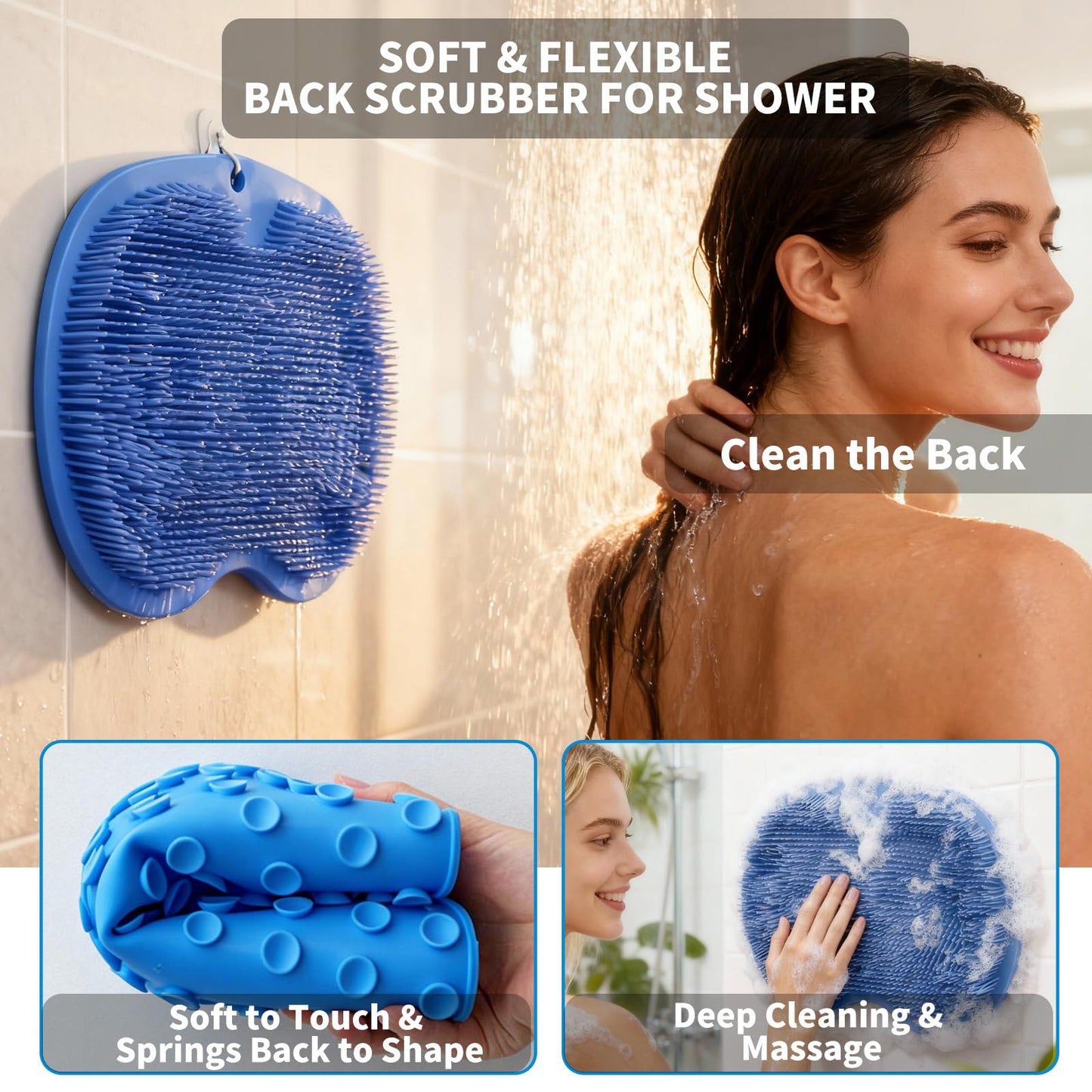 Merleu Shower Foot Scrubber Mat with 3 Types of Upgraded Brushes for Massage, Shower Back Scrubber with Micro Suction Cups,Back Washer,Shower Scrubber for Body at Home Spa (Sky Blue)