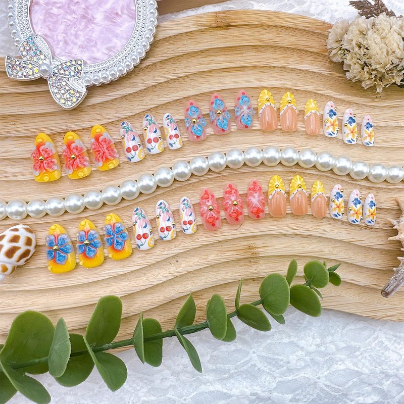 30Pcs Summer Press on Nails Medium Almond 3D Lemon French Tip Fake Nails with Gold Beads Summer Fruit Acrylic Nails 3D Flower False Nail Kit Blueberry Cherry Flowers Full Cover Glue on Nails for Women