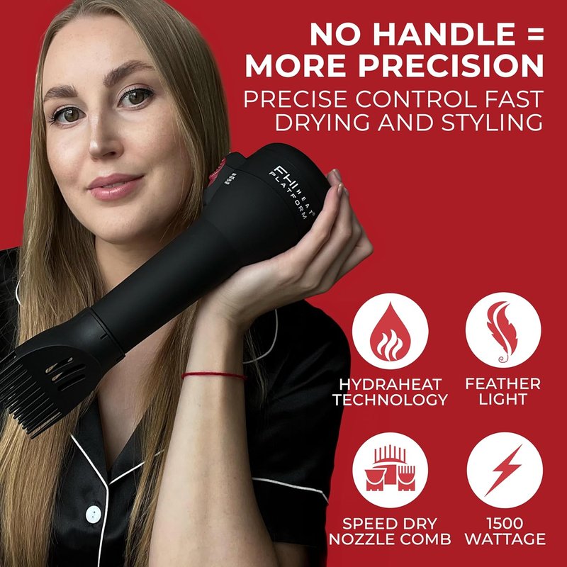 FHI Heat Hair Dryer - Lightweight Handle-Less Design with HydraHeat for Frizz-Free Styles | Includes Diffuser, Nozzle & Comb