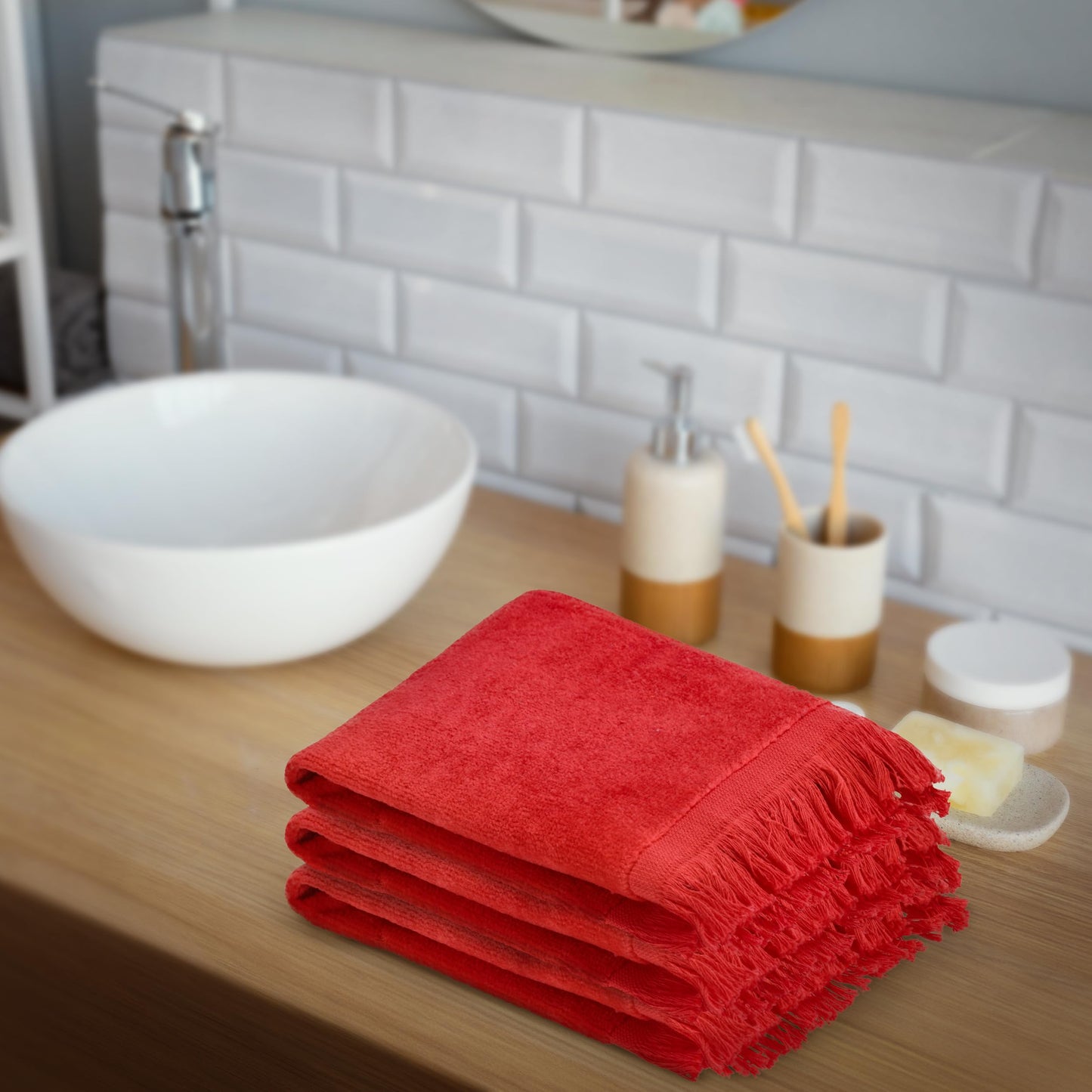 The Holy South - Fringed Reversible Fingertip Hand Towel (Size 11" W x 18" L) Terry Cotton Washcloth Set for Face and Bathroom use. (3, Lime Green)
