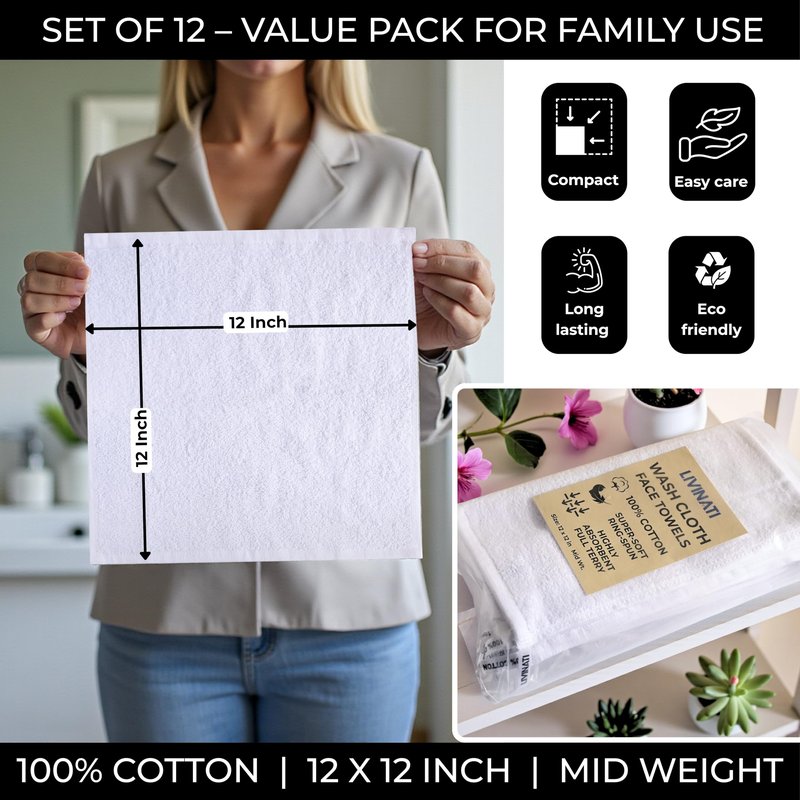 LIVINATI White 100% Cotton Wash Cloths for Showering Body and Face - 12"X12" 12 Pack Washcloths - Small Terry Towel Bath Rags for Adults and Kids Bathroom - Soft Absorbent
