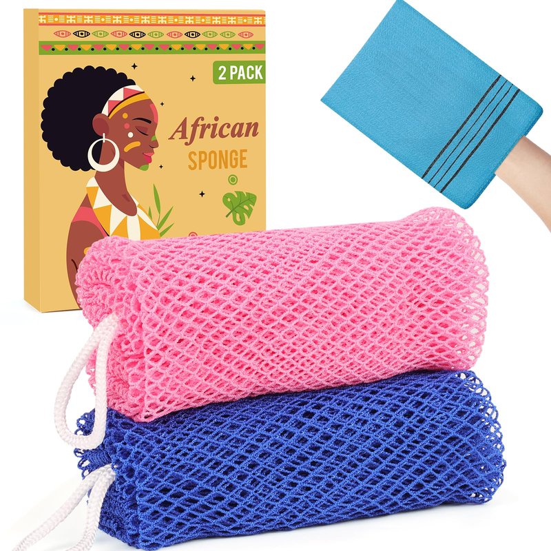 African Net Sponge Authentic - 2 Pack Afro Scrubber Bath Loofah Exfoliating Net Sponge for Shower, African Bath Sponges Exfoliator and Exfoliating Mitt for Most Skin Back Scrub Washer Accessories