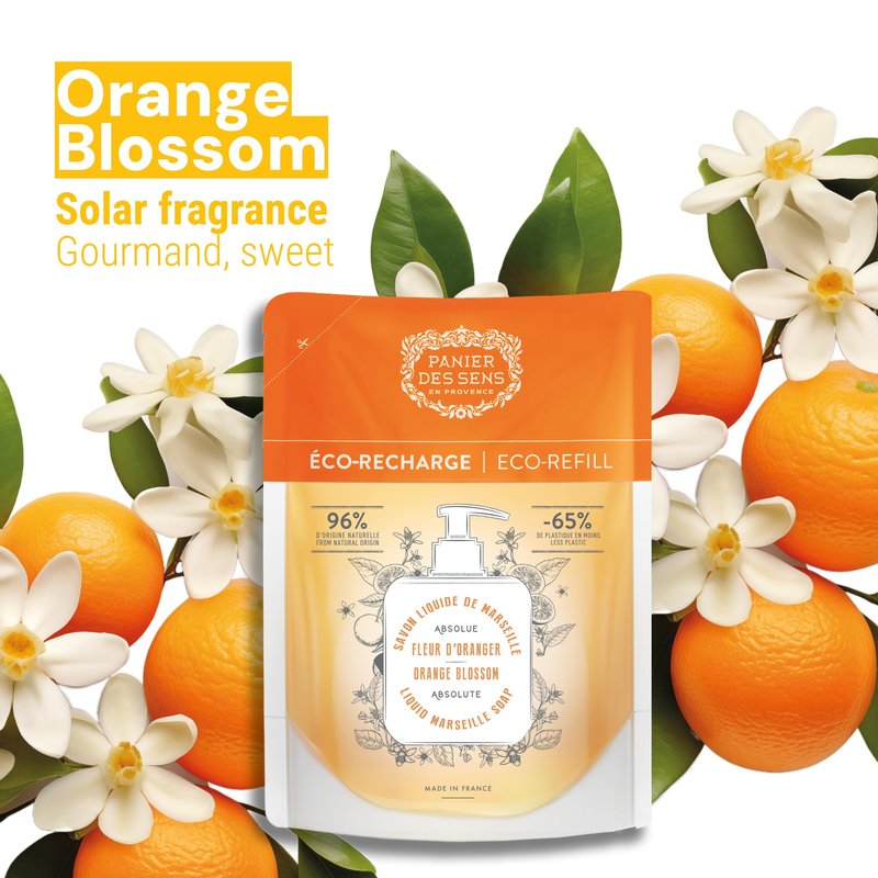 Panier des Sens Hand Soap Refill – Eco Value Pack, 8 Scents Available – Savon de Marseille Liquid Soap Refills – Hand Wash for Bathroom & Kitchen – Orange Blossom, 97% Natural, 2x16.9 Fl Oz