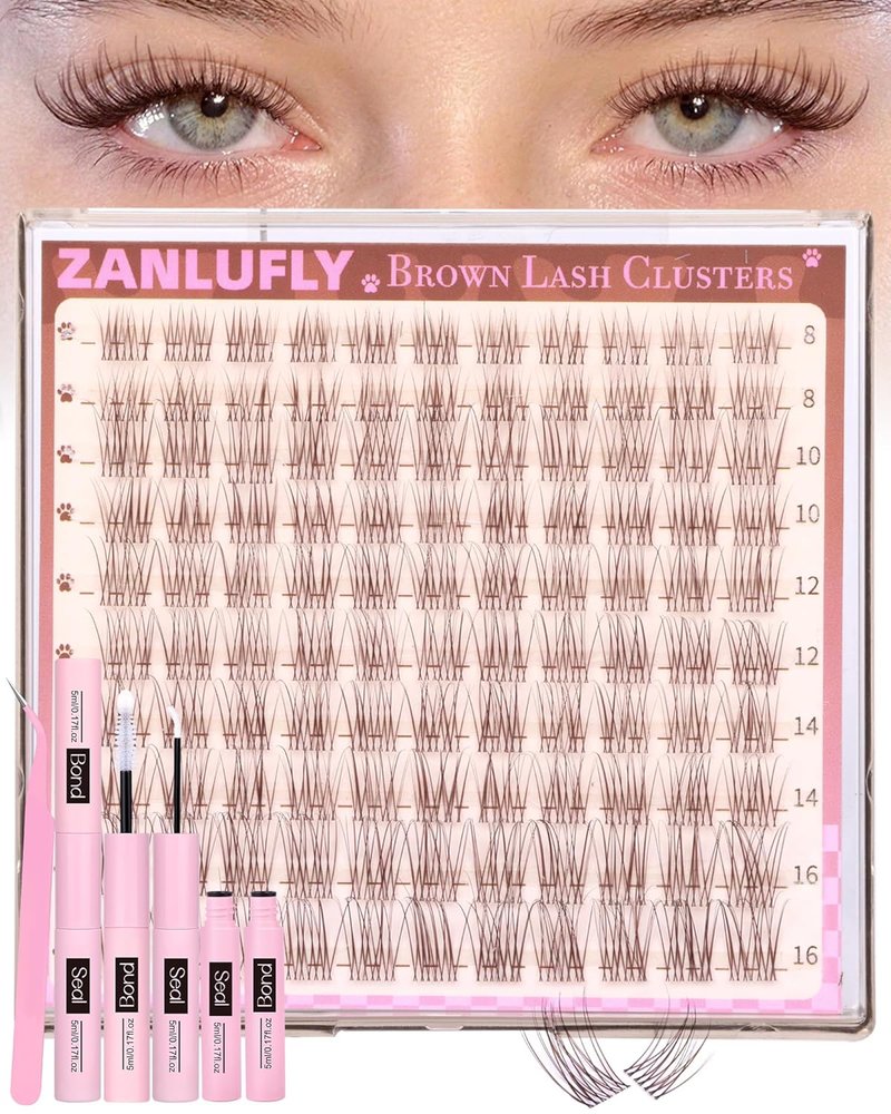 Natural Brown Lash Clusters Kit - Dark Brown Eyelash Extensions for Soft Glam | 8-16mm DIY Individual Lashes with Clear Band