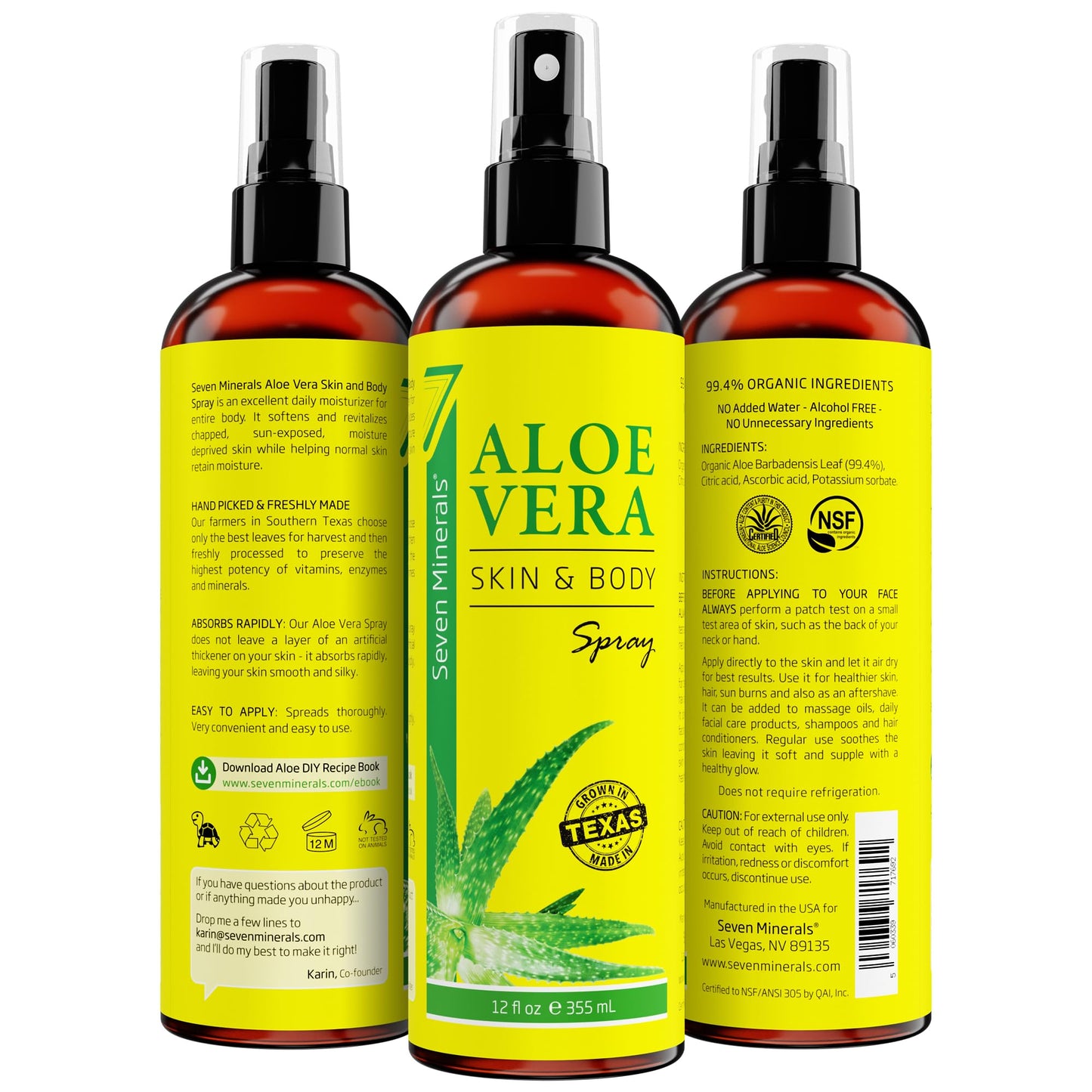 Seven Minerals, Aloe Vera Spray for Body & Hair - From Freshly Cut Organic Aloe (99%), Extra Strong, Easy to Apply, No Thickeners So It Absorbs Rapidly, No Sticky Residue - Made in USA (12 fl oz)