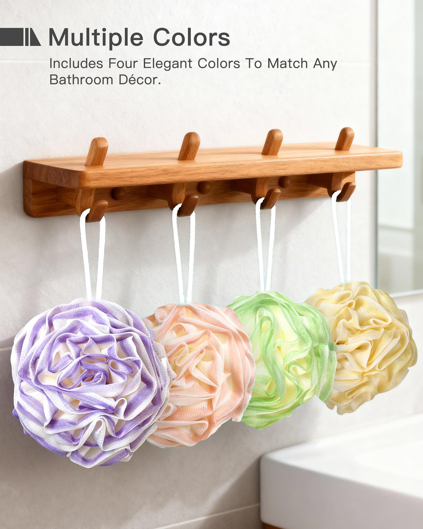 Loofah Sponge 70g, Large Exfoliating Flower Bath Sponge, Soft Durable PE Mesh with Reinforced Knotting, Rich Lather Bath Scrubber for Body, for Travel or as a Holiday Gift (4Pack, Green-Beige)