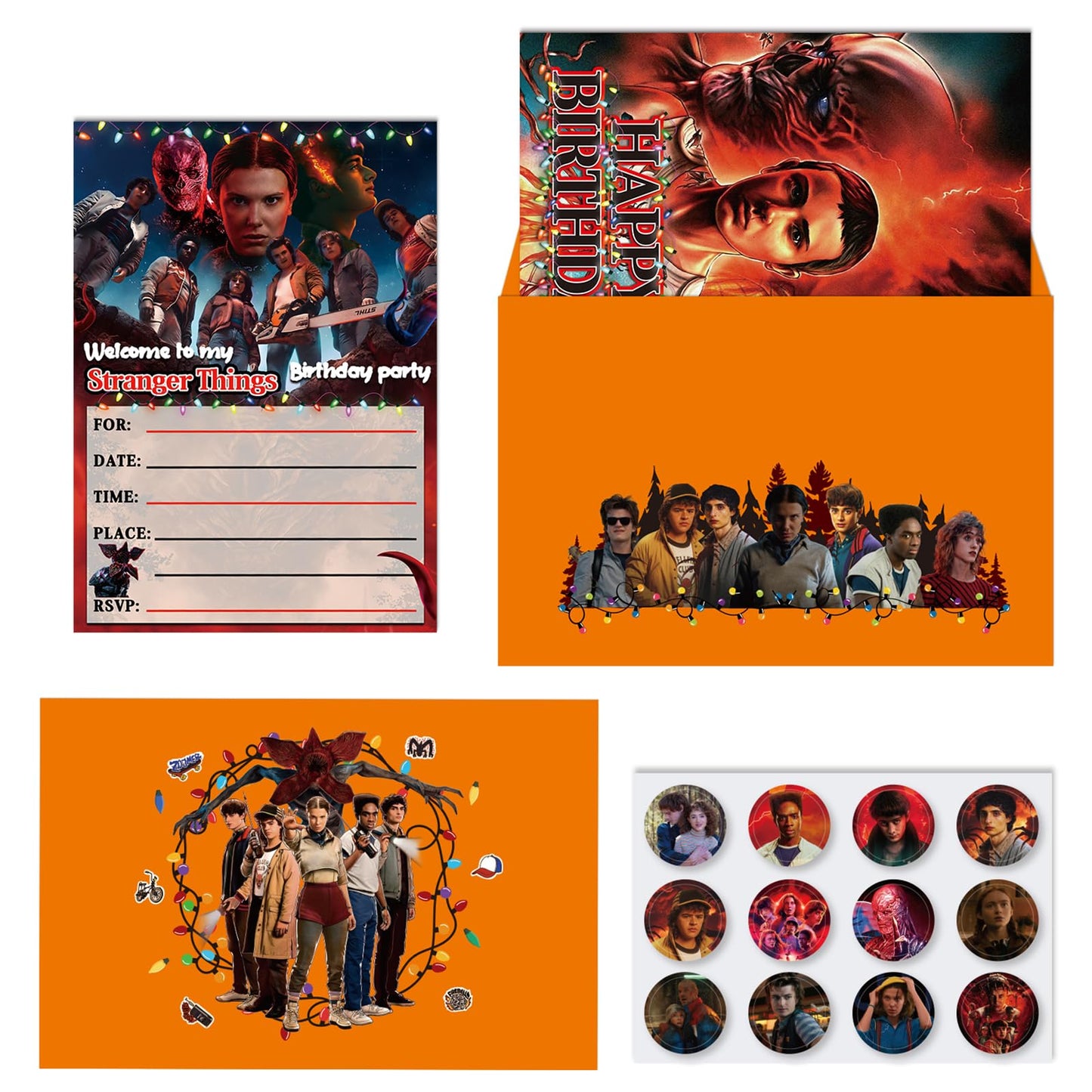 Tsalei 36 Pcs Horror Theme Birthday Invitations, Stranger 5 Movie Birthday Party Invitations, Includes 12 invitation cards, 12 envelopes, and 12 stickers.