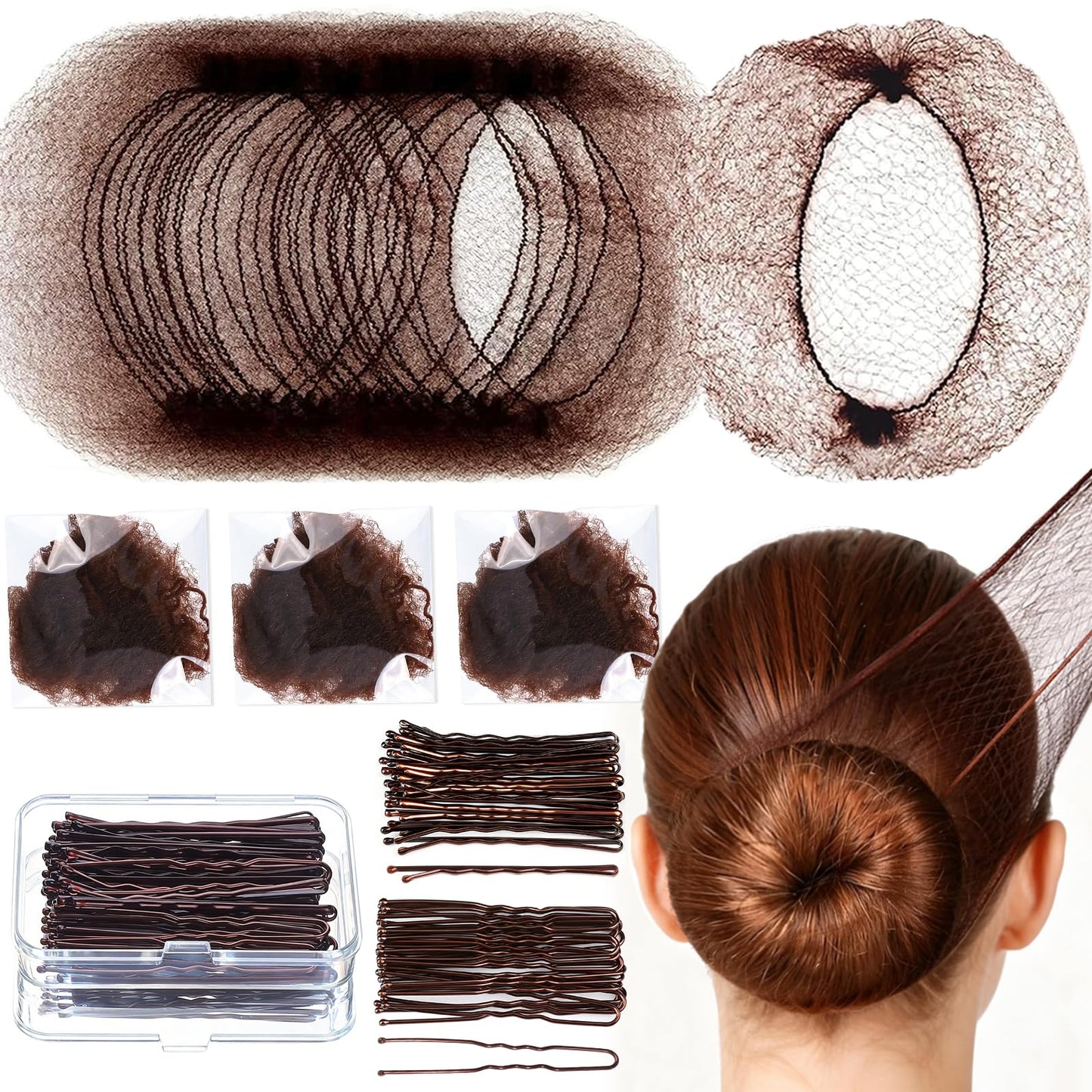 Teenitor Hair Net Set, Includes 20 Pcs Individually Packaged Hair Nets (20 inches) & 40 Pcs Hair Pins for Women Girls, Bun Maker, Brown