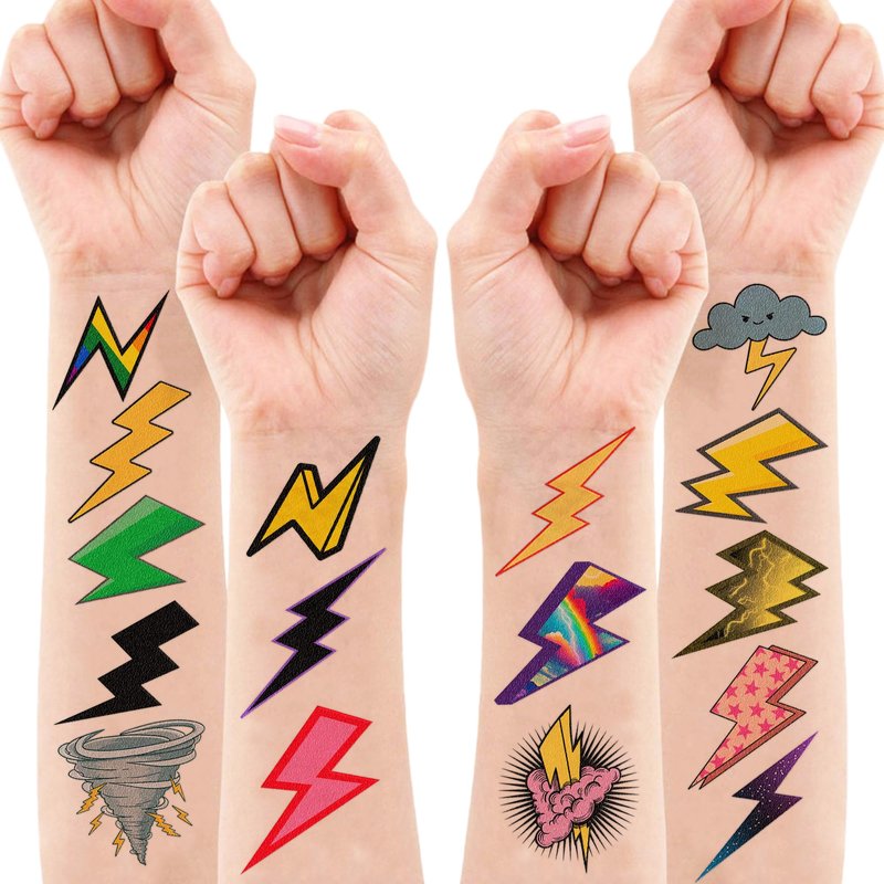 96PCS Lightning Bolt Temporary Tattoos for Kids, Pre-Cut Funny Weather Tattoo Stickers, Tornado Storm Theme Birthday Party Favors, Goodie Bag Stuffers, Cute Waterproof Body Art for Boys Girls