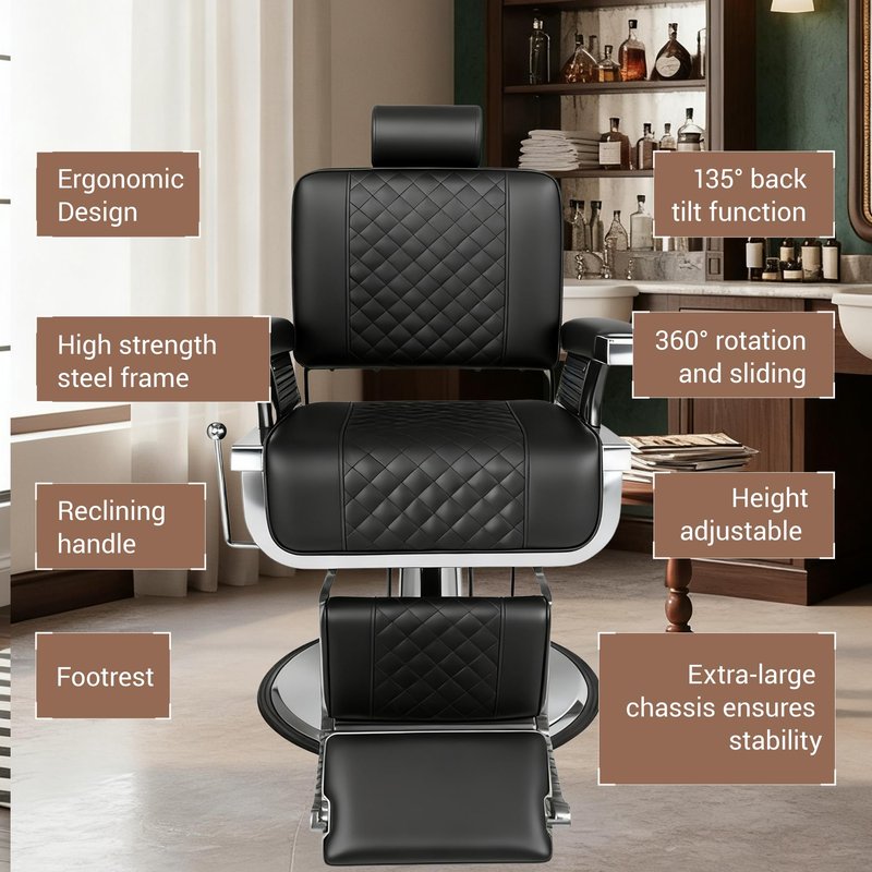 Reclining Barber Chair, Heavy Duty Barber Chair for Barbershop, Hydraulic Barber Salon Chairs, Eisenhower Diamond Stitch PU Leather, Adjustable Headrest & Footrest, 360° Swivel, Black and Silver