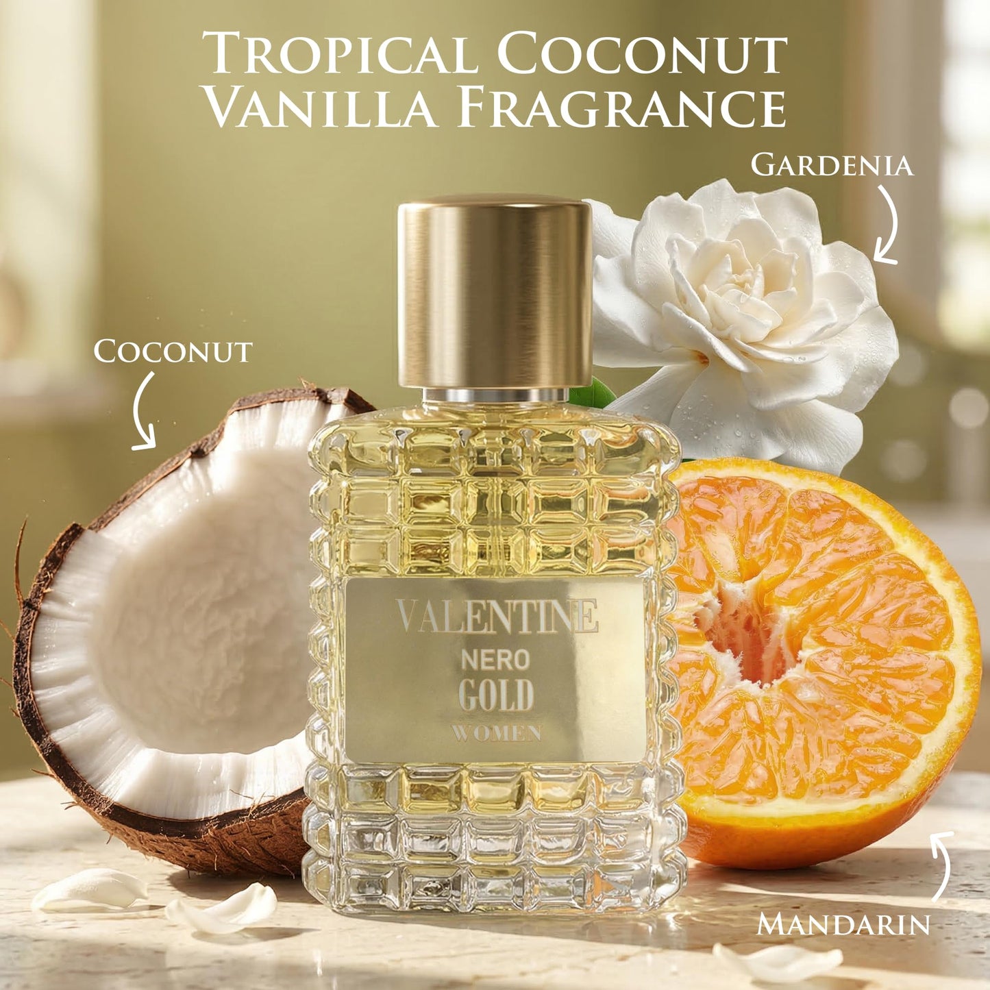 URBAN COLLECTION Valentine Nero Gold Perfume for Women, Tropical Coconut Vanilla Fragrance for Her, Sweet Creamy Gourmand Eau de Parfum with Warm Notes, Long Lasting Luxury Scent, 3.4 oz / 100ml