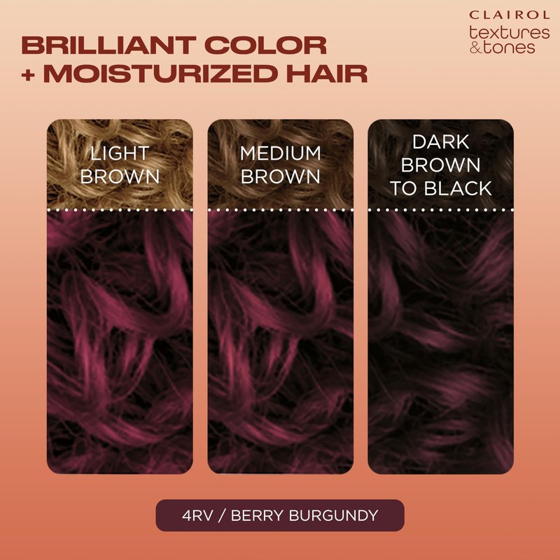 Clairol Textures & Tones Permanent Hair Dye, 4RV Berry Burgundy Hair Color | Ammonia-Free | Moisture-Rich Formula with Argan, and Olive Oil for Brilliant Shine | Pack of 1