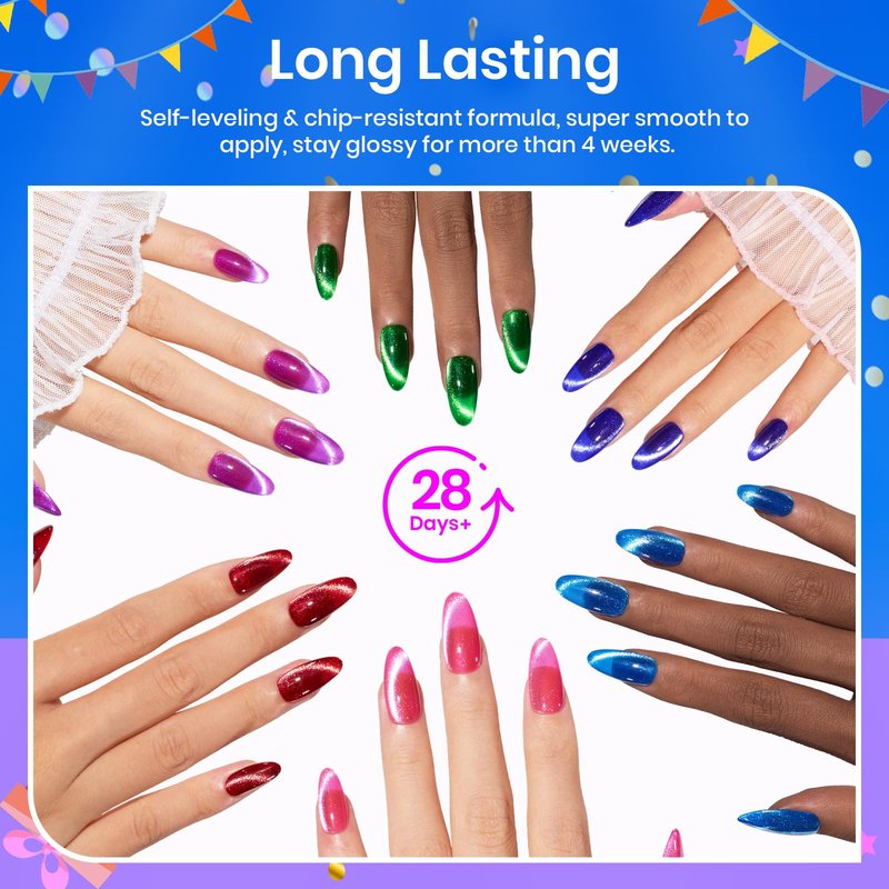 Beetles Cat Eye Gel Nail Polish, 6 Colors Cat Eye Glitter Gel Polish Set Neon Red Pink Purple Blue Green with Magnet Velvet Gel Kit Soak Off UV French Nail Art Manicure Spring Gift for Women