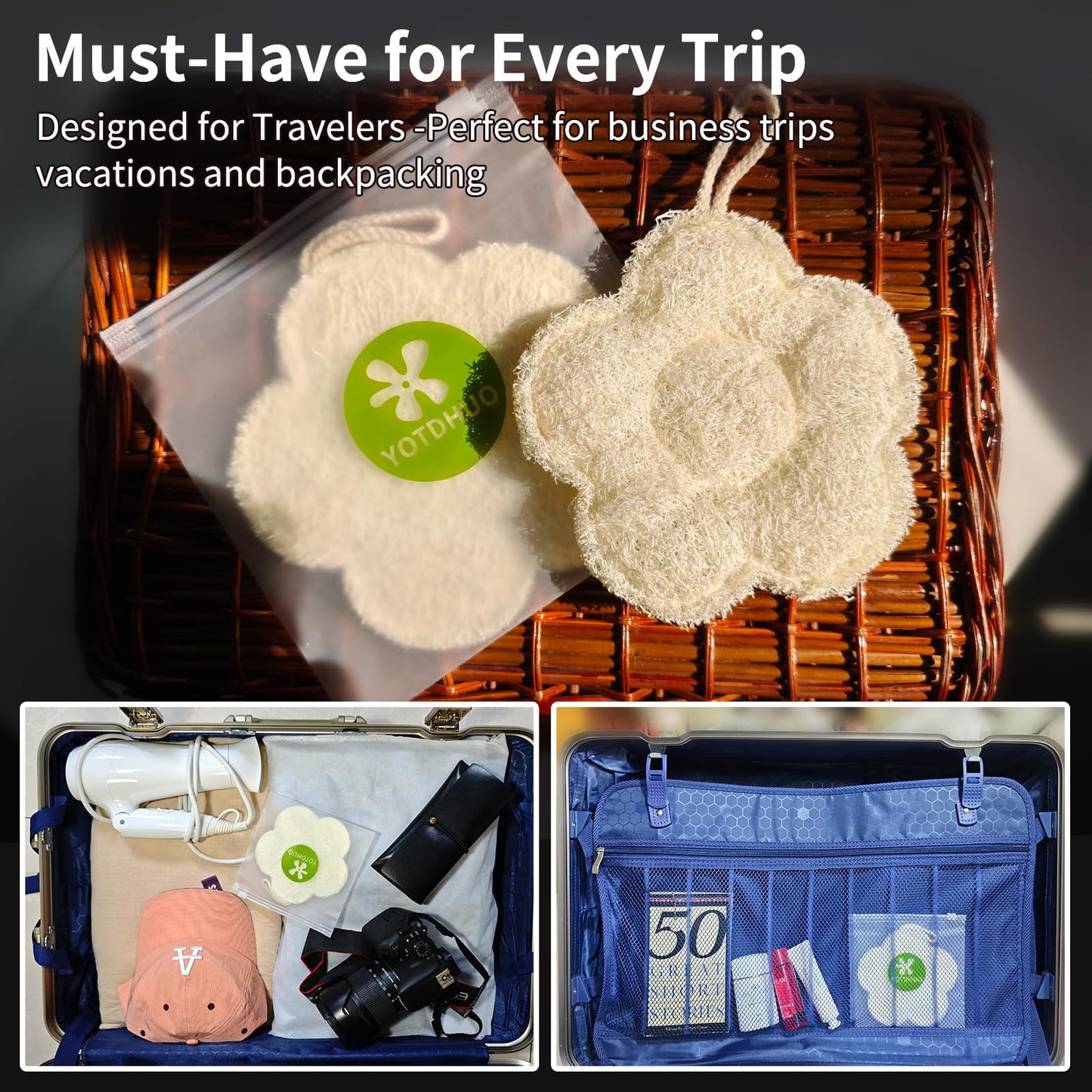 Travel Size Egyptian Loofah, Natural Body & Face Exfoliating Sponge, Quick Dry, Lightweight, Rich Lather,Rough Bath Sponge Set (3 Pack)