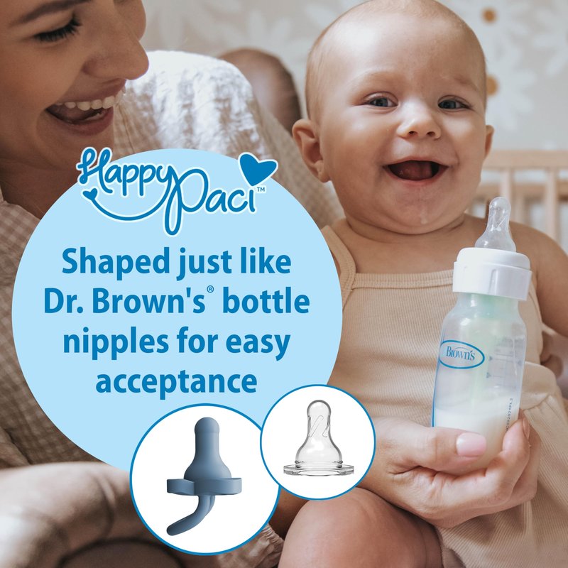 Dr. Brown's HappyPaci 100% Silicone Baby Pacifier, Contoured One-Piece Design, Blue/Light Blue/White, 0-6m, BPA-Free, 4-Pack
