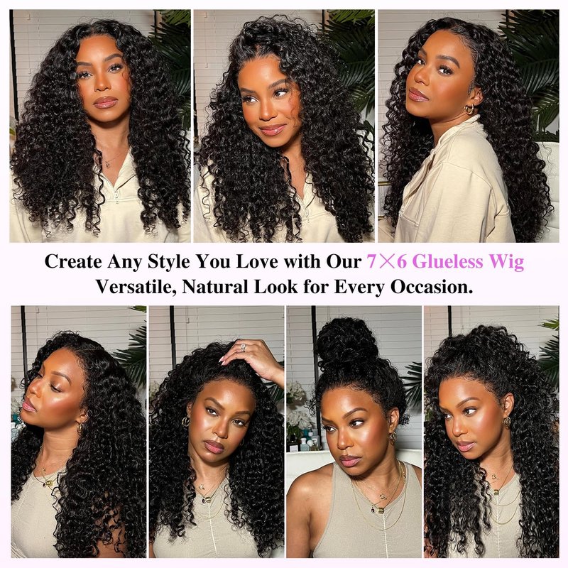 Liqusee 7x6 Burmese Curly Glueless Wigs Human Hair Pre Plucked Pre Cut 250% Density Drawstring Wig for Black Women 7x6 HD Lace Front Wigs Human Hair Glueless Wear and Go Natural Color 24 Inch