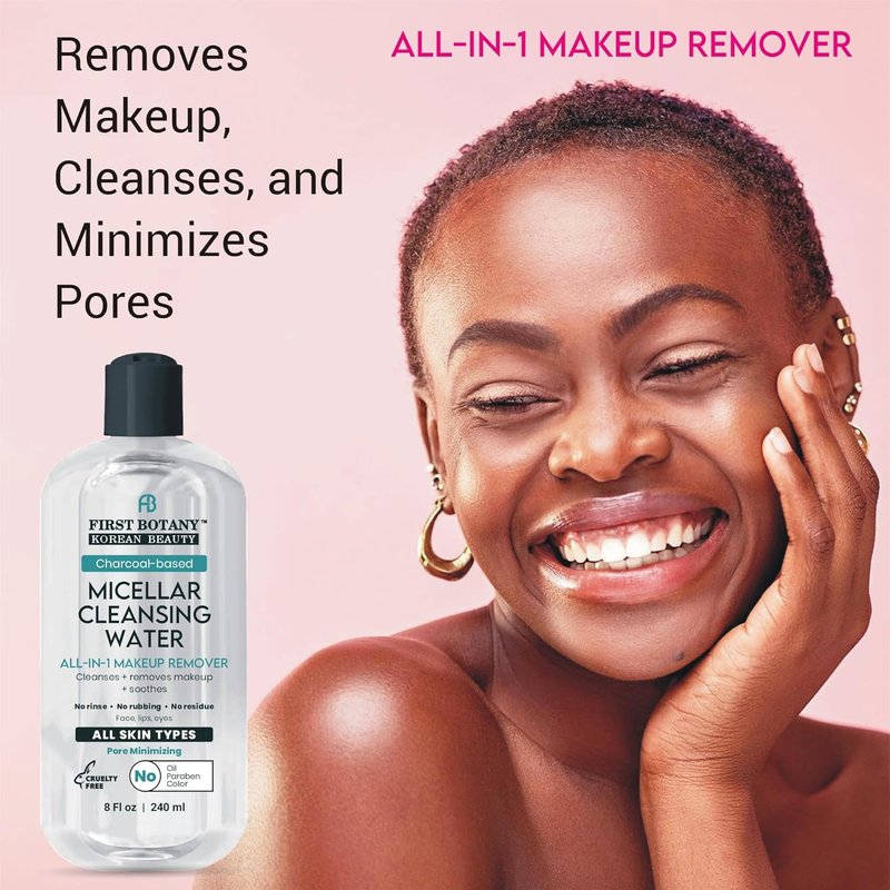 Skiennix Korean Micellar Water Makeup Remover - Charcoal Hydrating Toner & Cleanser for All Skin Types, 8 oz