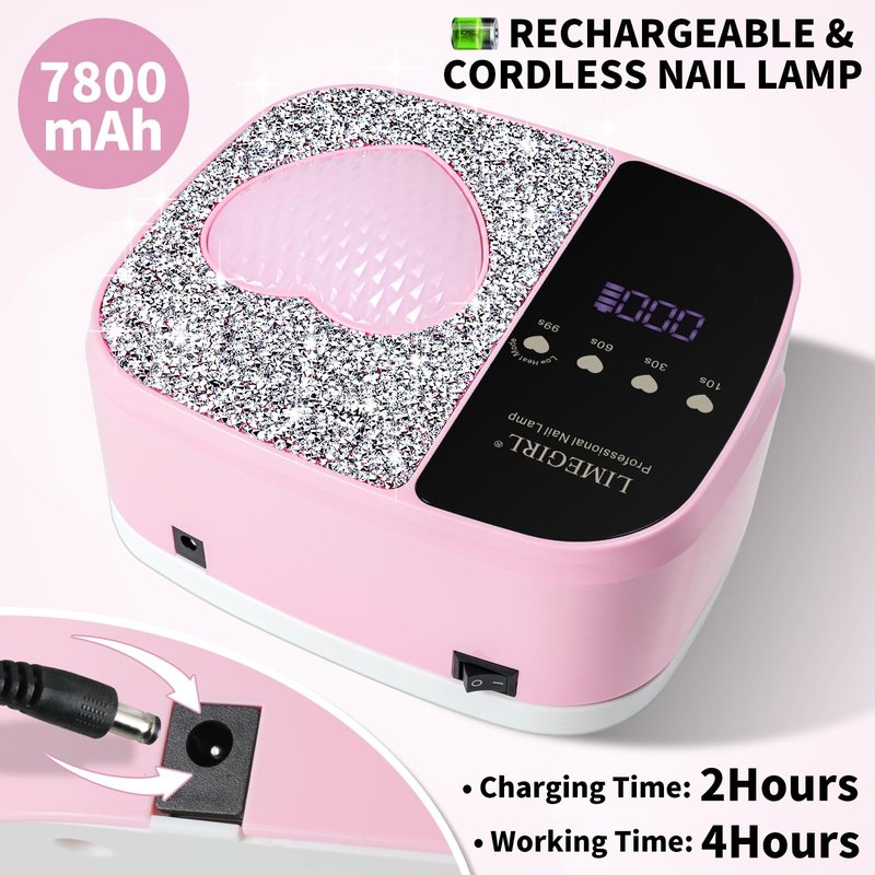LIMEGIRL UV LED Nail Lamp Kit for Gel Polish Professional Fast Curing Pink Dryer Light Set with 4 Timer Settings Cordless Rechargeable Nail Art Cure Machine for Manicure Pedicure at Home and Salon
