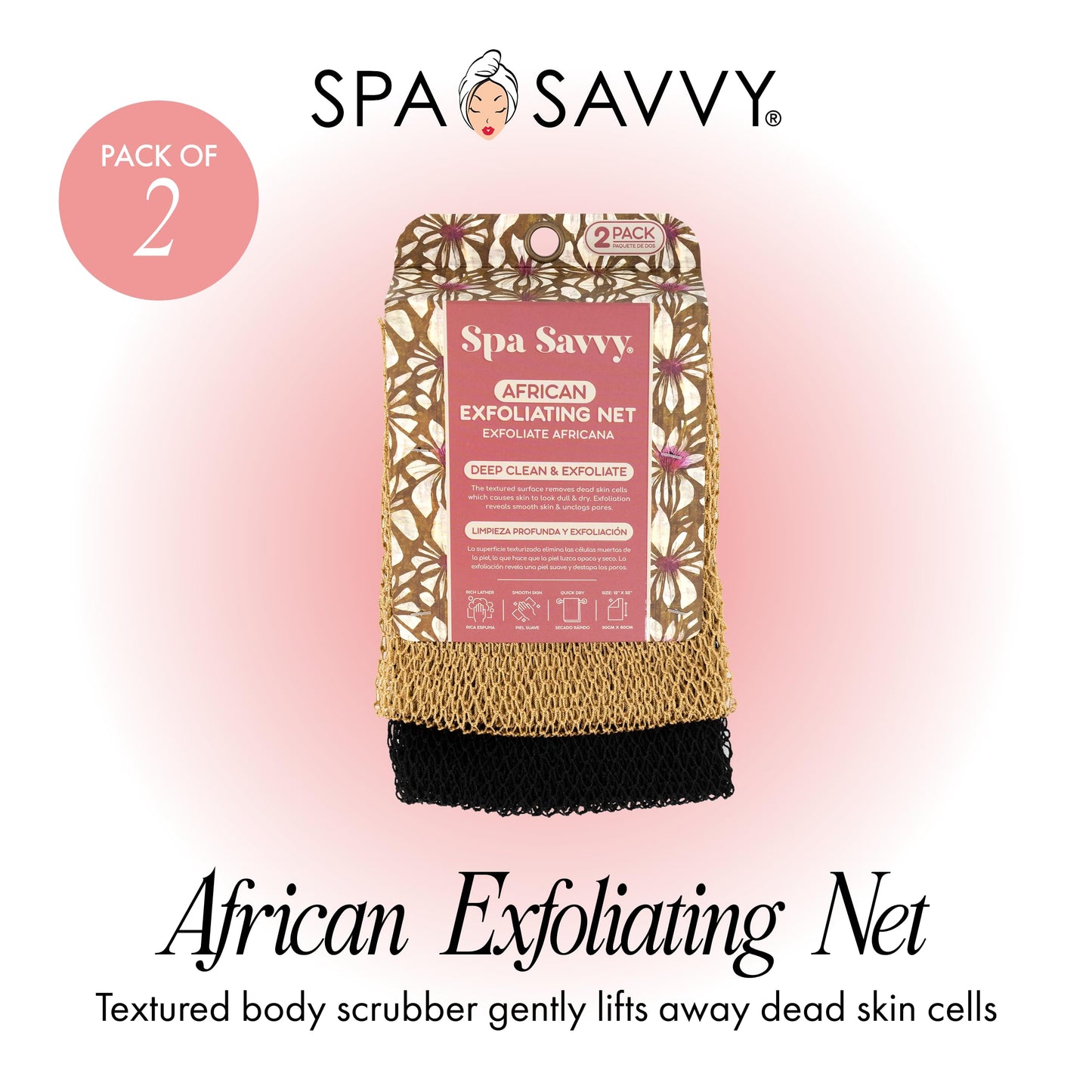 Spa Savvy African Net Sponge, 2 Pack Exfoliating Body Scrubber for Deep Cleansing and Smooth Skin, 12 x 32 Inch, Gold and Black