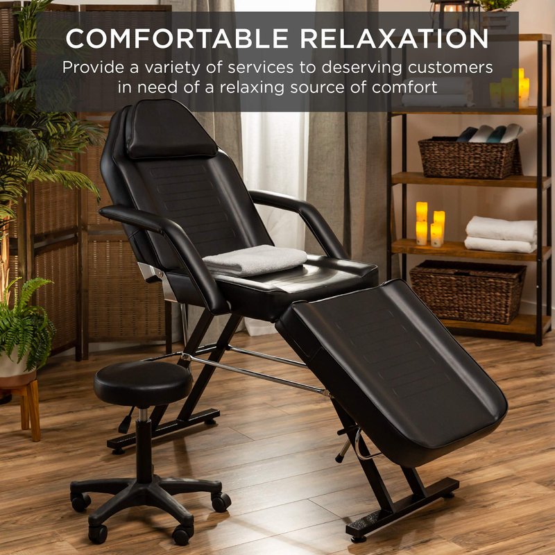 Best Choice Products 71in 3-Section Multipurpose Massage Bed, Spa & Salon Facial, Tattoo Chair w/Hydraulic Stool, Removable Headrest, Facial Cradle, Towel Hanger - Black