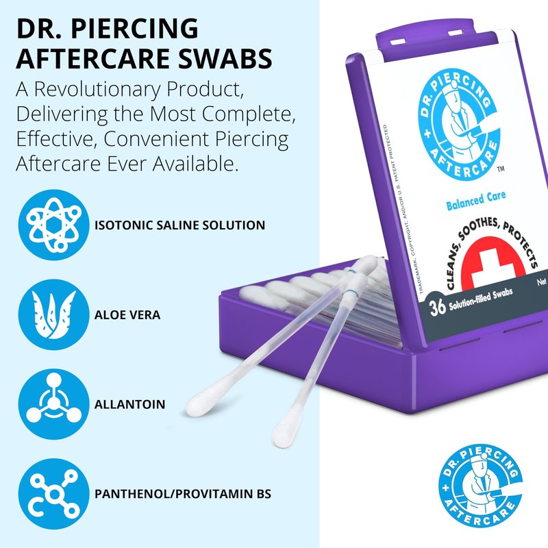 Dr. Piercing Aftercare Swabs - Saline Solution for Piercings - Earring Nose Belly Ear Piercing Cleaner - Saline Wash, Ear Hole Cleaner – Piercing Aftercare Formula - 72 swabs (2-pack)