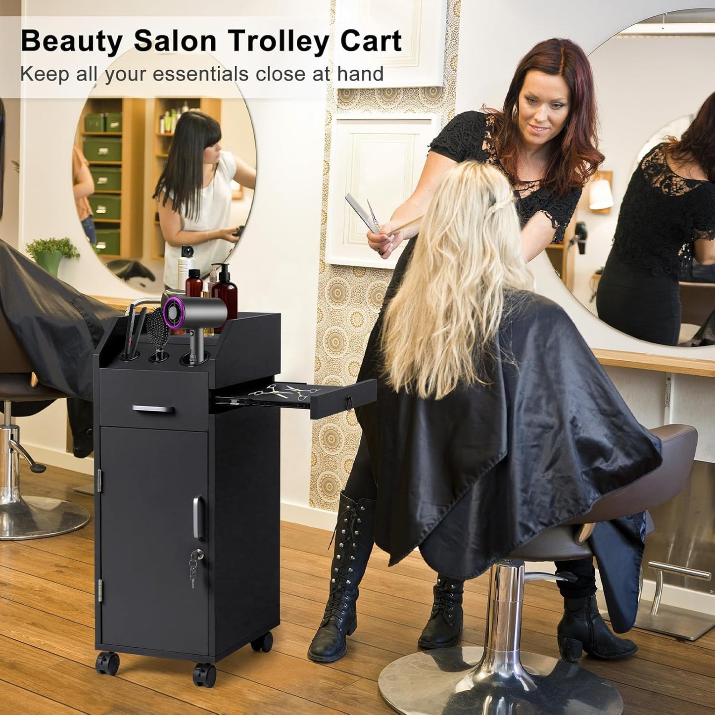 Winado Hair Salon Storage Cart - Mobile Makeup Case with Wheels, 3 Dryer Holders & 4 Drawers | Black