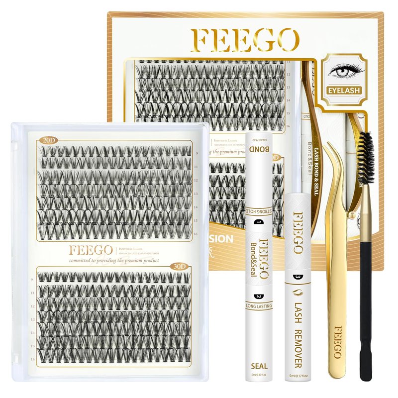 FEEGO Eyelash Extensions Kit Lash Clusters DIY Lash 280pcs 9-16mm Individual Lashes Clusters 20D 30D D Curl Eyelash Extension Kit Individual Lashes, Lash Bond, Seal Glue, Remover (2030D Charming Kit)
