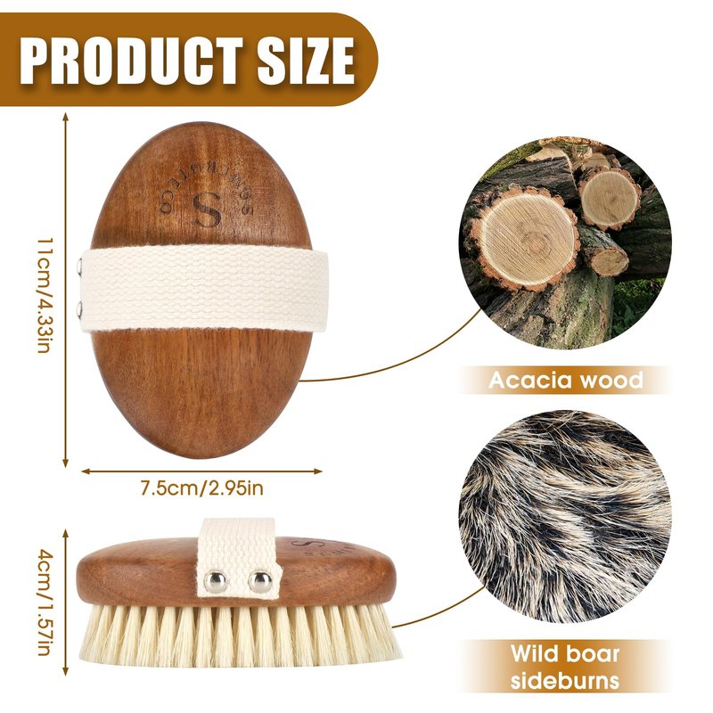 SAMEBUTECOBody Brush Solid Acacia Wood Boar Long Bristles Bath Brush for Skin Exfoliation,Lymphatic Drainage Improvement Oval Shape Dry Brush Comfort to Hold Works