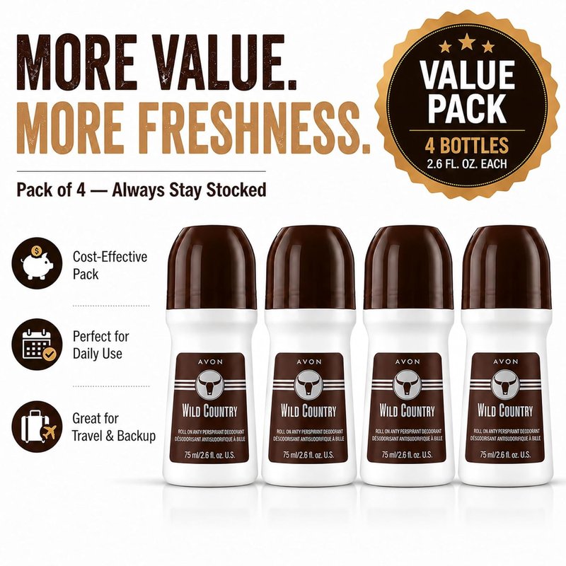 AVON Wild Country Roll-On Antiperspirant Deodorant for Men - 24-Hour Odor Protection, Quick-Dry Formula | Pack of 4, 2.6 oz