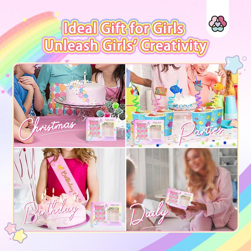 SAVILAND Creative Press on Nails for Kids: 6 Pack Children Fake Nails with 3D Stickers for 8-12 Years Girls Gifts Pre-Glue Full Cover Short Acrylic Nails Artificial False Nail Tips Nail Art Decoration