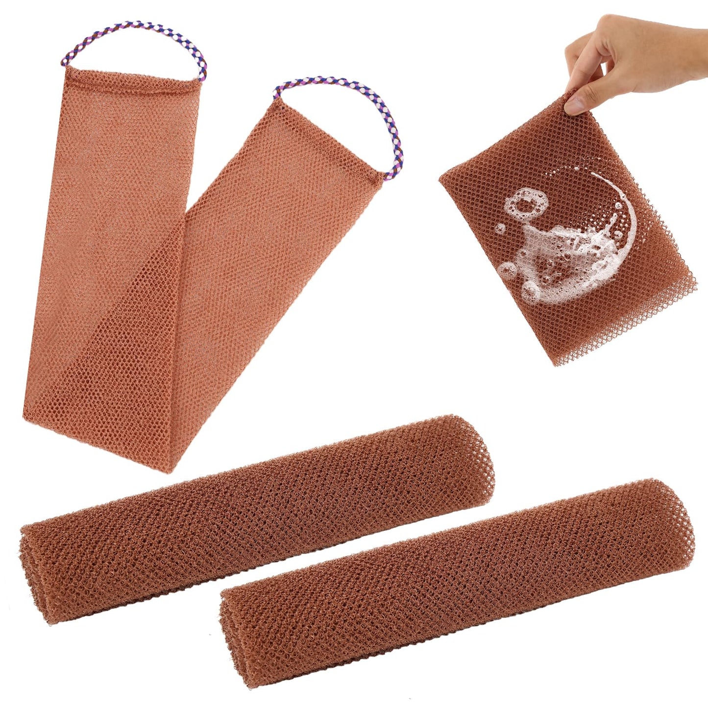 3 Pcs African Net Sponge, African Exfoliating Net Sponge, Long Bathing Shower Cloth Kit, Back Scrubber for Body for Daily Use and Travel (Brown)