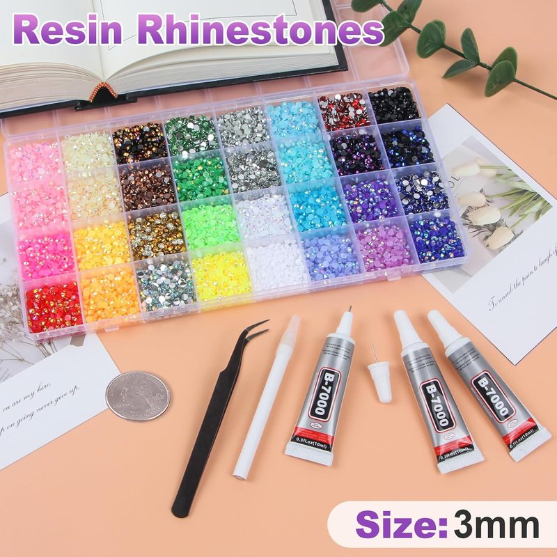 Jelly Resin Rhinestones - 42000 Pcs 3mm Multicolor Flatback Gems for Crafting | Bedazzler Kit with 3 B7000 Jewelry Glue