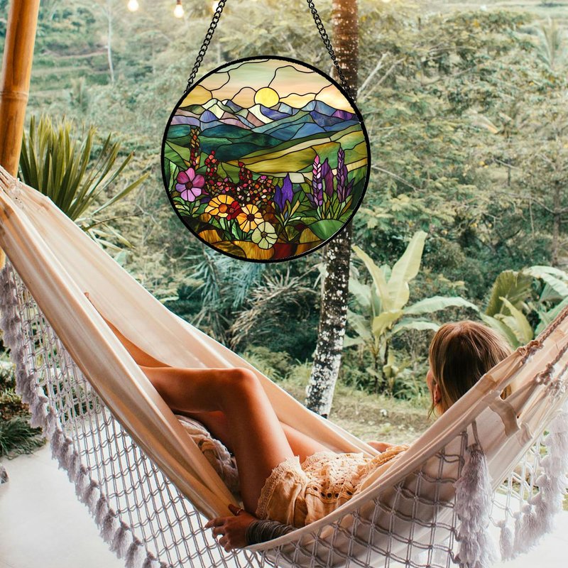 QZQCBLC Stained Glass Window Hanging Purple Wildflowers Pastoral Scenery 6.3" - Suncatcher Door Garden Sun Catcher Home Decor Birthday Christmas for Mom Men Woman Friend