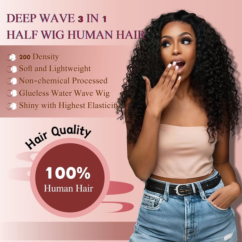 Pinketer Deep Wave Half Wig Human Hair 26inch Wear and Go Glueless Curly Wig 200% Density 3 In 1 Seamless Flip Over Drawstring No Headband Wig for Black Women Beginner Friendly Natural Color