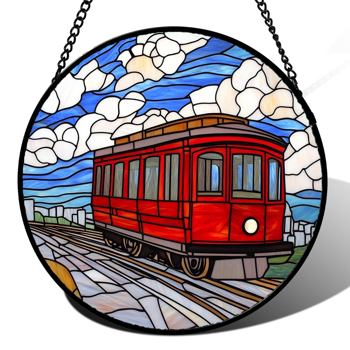 QZQCBLC Stained Glass Window Hanging Red Trams Under Blue Sky White Clouds 6.3" - Suncatcher Door Garden Sun Catcher Home Decor Birthday Christmas for Men Mom Woman Wife Nana