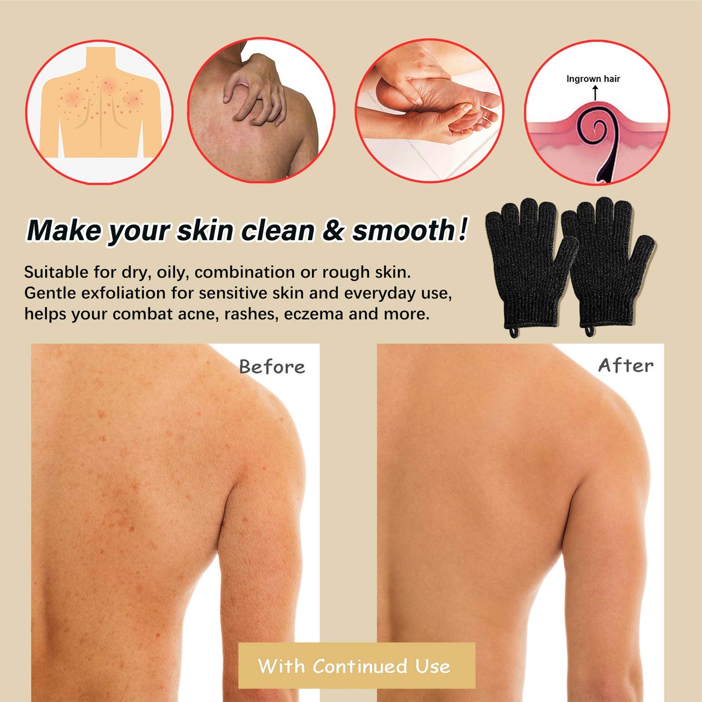 MIG4U Shower Scrub Gloves Exfoliating for Women and Men Medium to Heavy Bathing Remove Dead Skin Body Beauty Sponge Loofah Deep Cleansing (1 Pair, Black-Nylon)