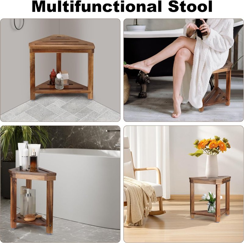 Acacia Wood Shower Stool - Waterproof Foot Rest with Storage Shelf | Ideal for Small Shower Spaces