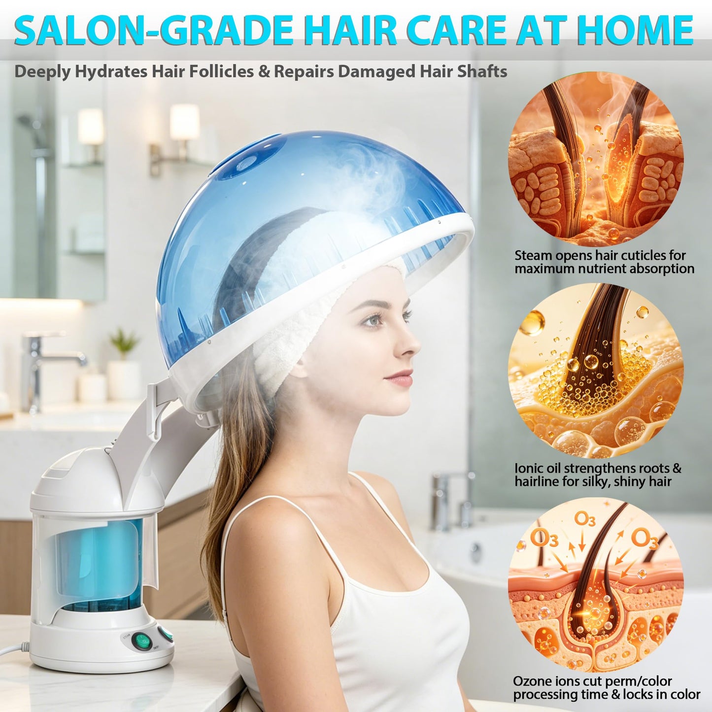 SUPER DEAL Hair Steamer PRO 3 in 1 Multifunction Ozone Facial Steamer with Bonnet Hood Attachment, Hair Therapy & Face Steamer for Personal Care Use at Home or Salon