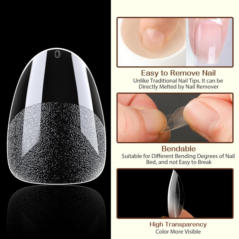 Extra Short Almond Gel Nail Tips - 216 Pcs Full Cover Press-On Nails | Half Matte Clear for DIY Salon at Home, 12 Sizes