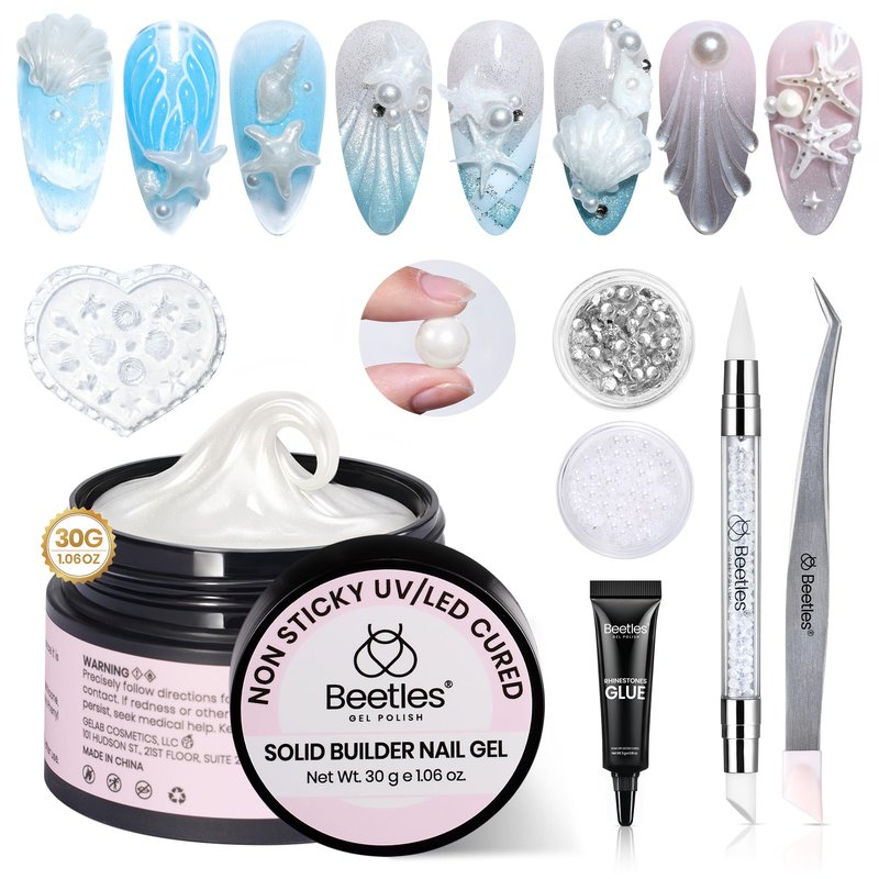 Beetles 3D Gel Nail Art with 3D Mold-Pearl White Solid Builder Nail Gel,5 in 1 Non-Sticky Sculpting with Dual-Ended Sculpture Pen, Beginner Friendly DIY at Home,UV LED Lamp Needed,Pearl Drift
